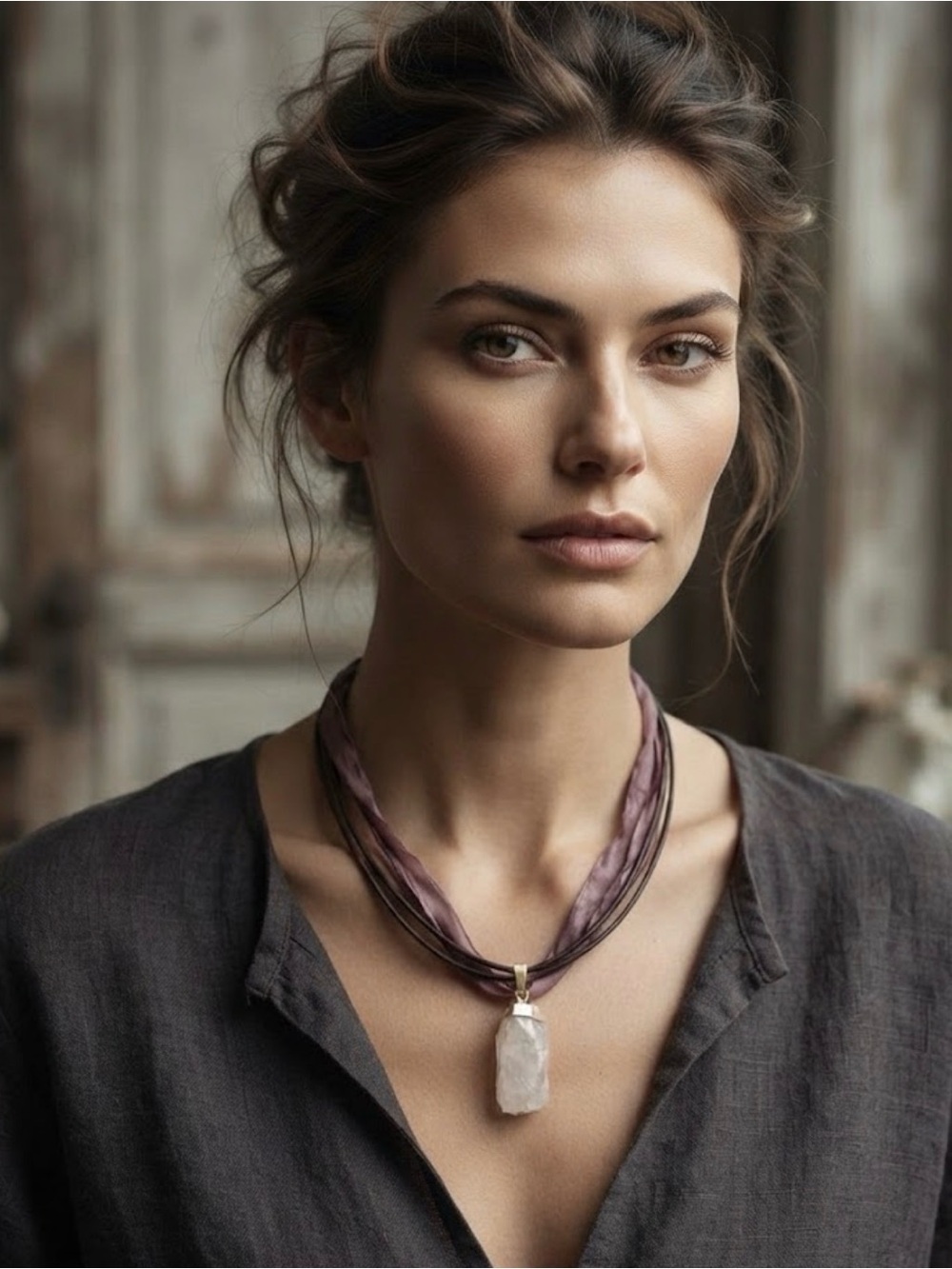 Multistrand Mauve Silk Necklace with Rose Quartz Pendant